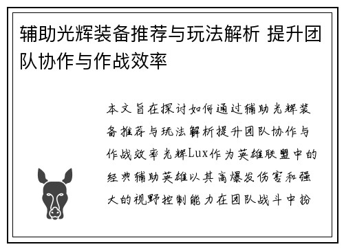 辅助光辉装备推荐与玩法解析 提升团队协作与作战效率